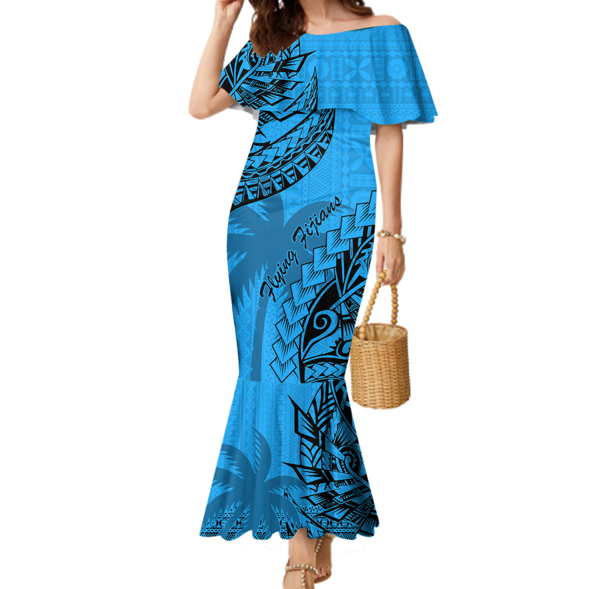 Custom Fiji Rugby Family Matching Mermaid Dress and Hawaiian Shirt Kaiviti Fijian Tribal World Cup Blue No1 LT9 Mom's Dress Blue - Polynesian Pride