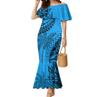 Custom Fiji Rugby Family Matching Mermaid Dress and Hawaiian Shirt Kaiviti Fijian Tribal World Cup Blue No1 LT9 Mom's Dress Blue - Polynesian Pride