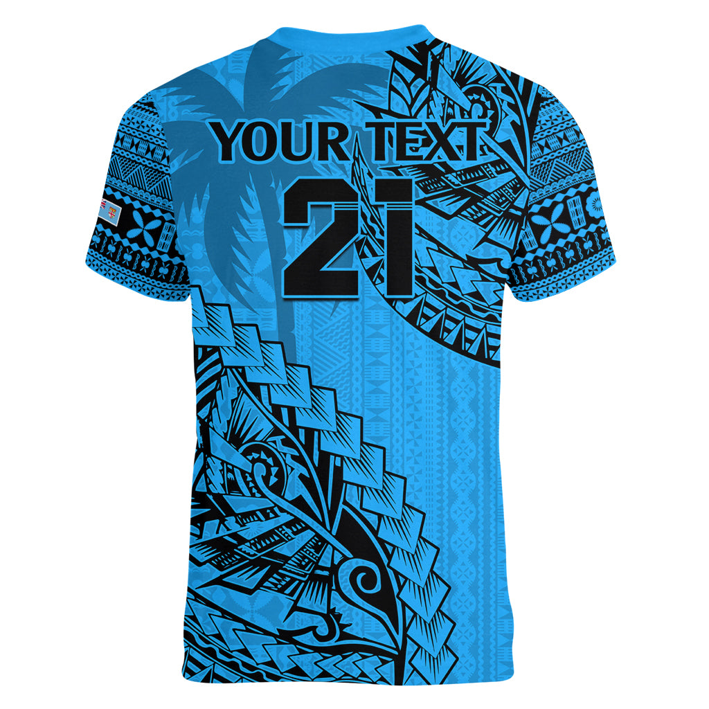 Custom Fiji Rugby Women V Neck T Shirt Kaiviti Fijian Tribal World Cup Blue No1 LT9 - Polynesian Pride