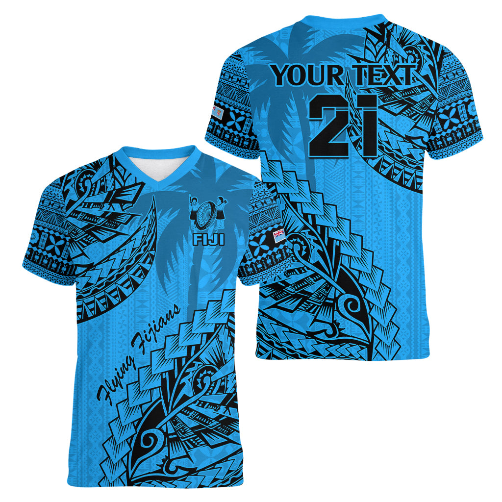 Custom Fiji Rugby Women V Neck T Shirt Kaiviti Fijian Tribal World Cup Blue No1 LT9 - Polynesian Pride