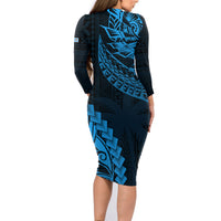Fiji Rugby Family Matching Long Sleeve Bodycon Dress and Hawaiian Shirt Kaiviti Fijian Tribal World Cup Blue No2 LT9 - Polynesian Pride