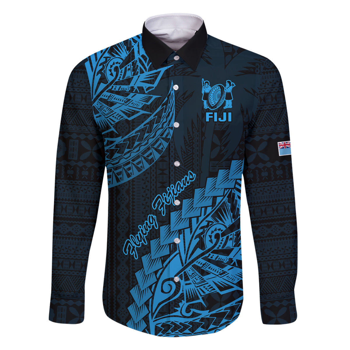 Fiji Rugby Family Matching Off Shoulder Maxi Dress and Hawaiian Shirt Kaiviti Fijian Tribal World Cup Blue No2 LT9 Dad's Shirt - Long Sleeve Blue - Polynesian Pride