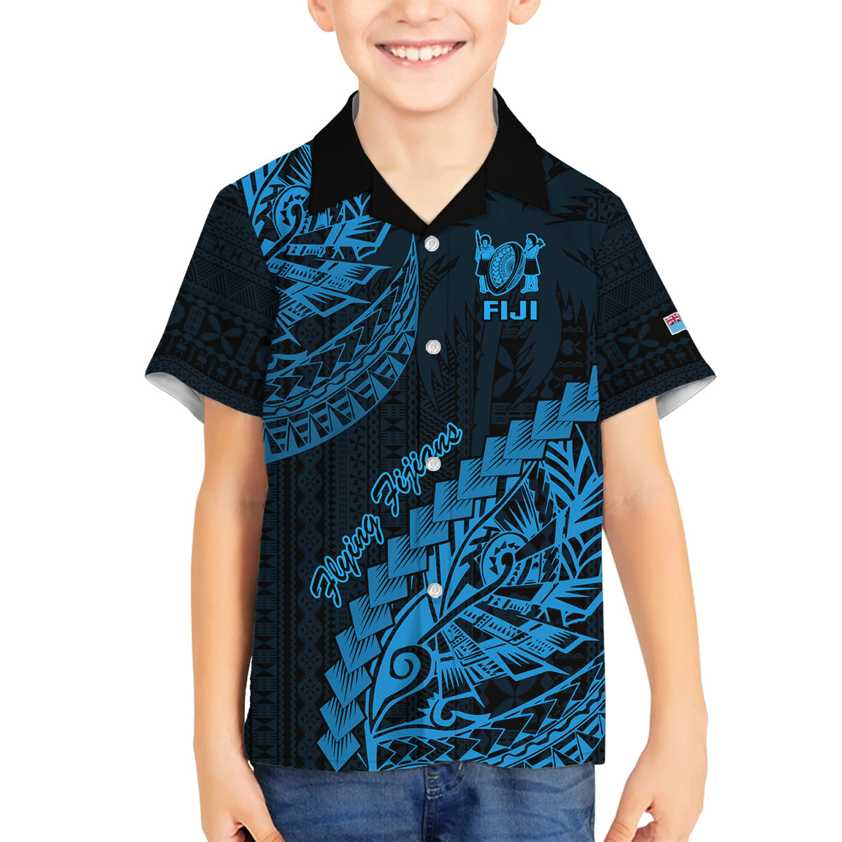 Fiji Rugby Family Matching Off Shoulder Maxi Dress and Hawaiian Shirt Kaiviti Fijian Tribal World Cup Blue No2 LT9 Son's Shirt Blue - Polynesian Pride