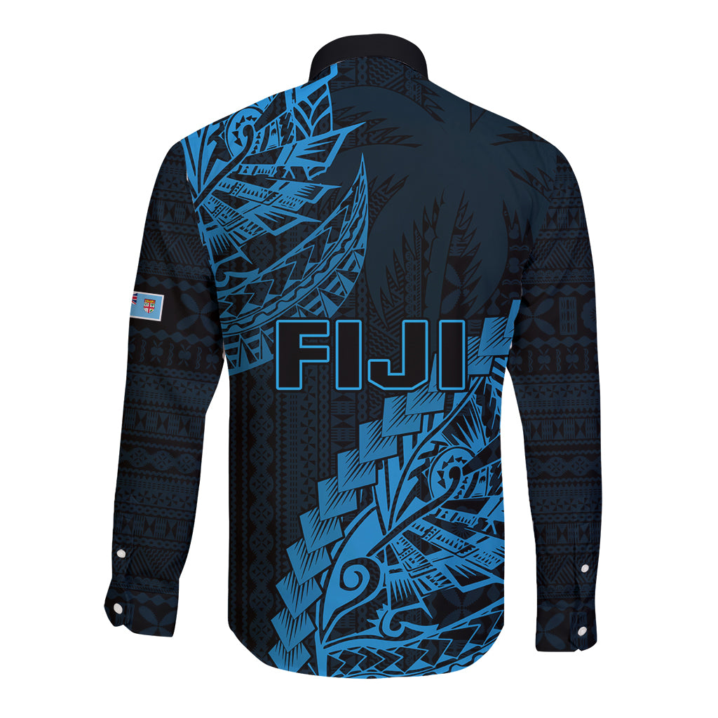 Fiji Rugby Long Sleeve Button Shirt Kaiviti Fijian Tribal World Cup Blue No2 LT9 - Polynesian Pride