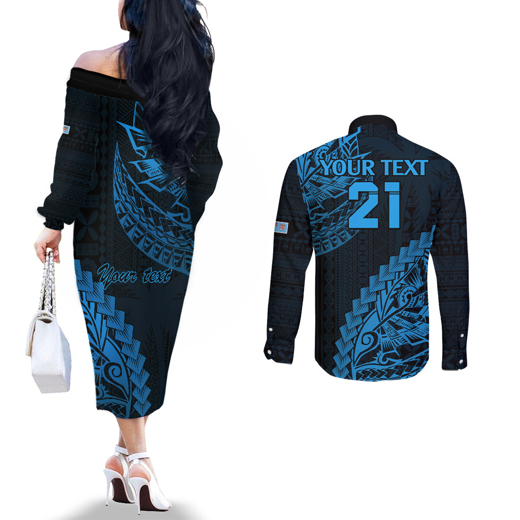 Custom Fiji Rugby Couples Matching Off The Shoulder Long Sleeve Dress and Long Sleeve Button Shirt Kaiviti Fijian Tribal World Cup Blue No2 LT9 - Polynesian Pride