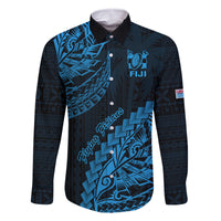 Custom Fiji Rugby Family Matching Off Shoulder Maxi Dress and Hawaiian Shirt Kaiviti Fijian Tribal World Cup Blue No2 LT9 Dad's Shirt - Long Sleeve Blue - Polynesian Pride