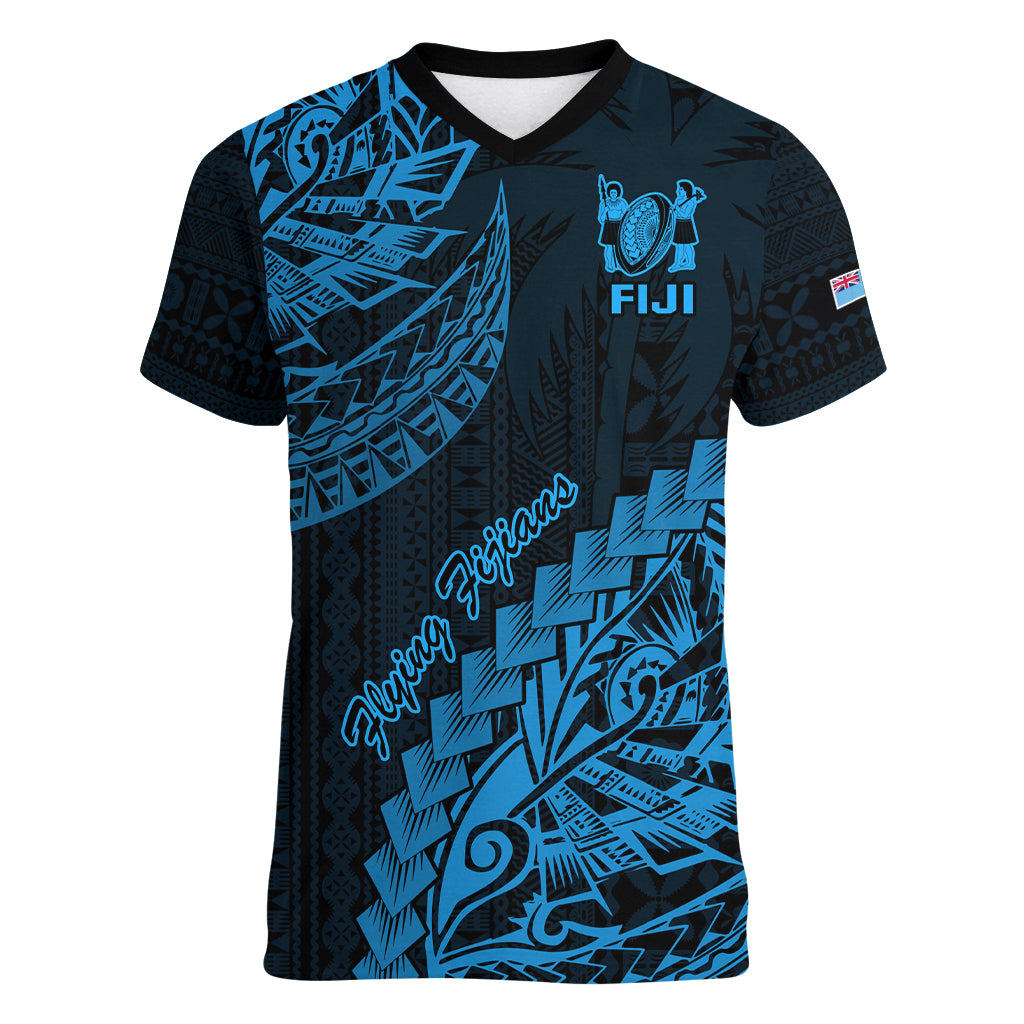 Custom Fiji Rugby Women V Neck T Shirt Kaiviti Fijian Tribal World Cup Blue No2 LT9 Female Blue - Polynesian Pride