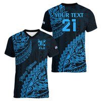 Custom Fiji Rugby Women V Neck T Shirt Kaiviti Fijian Tribal World Cup Blue No2 LT9 - Polynesian Pride