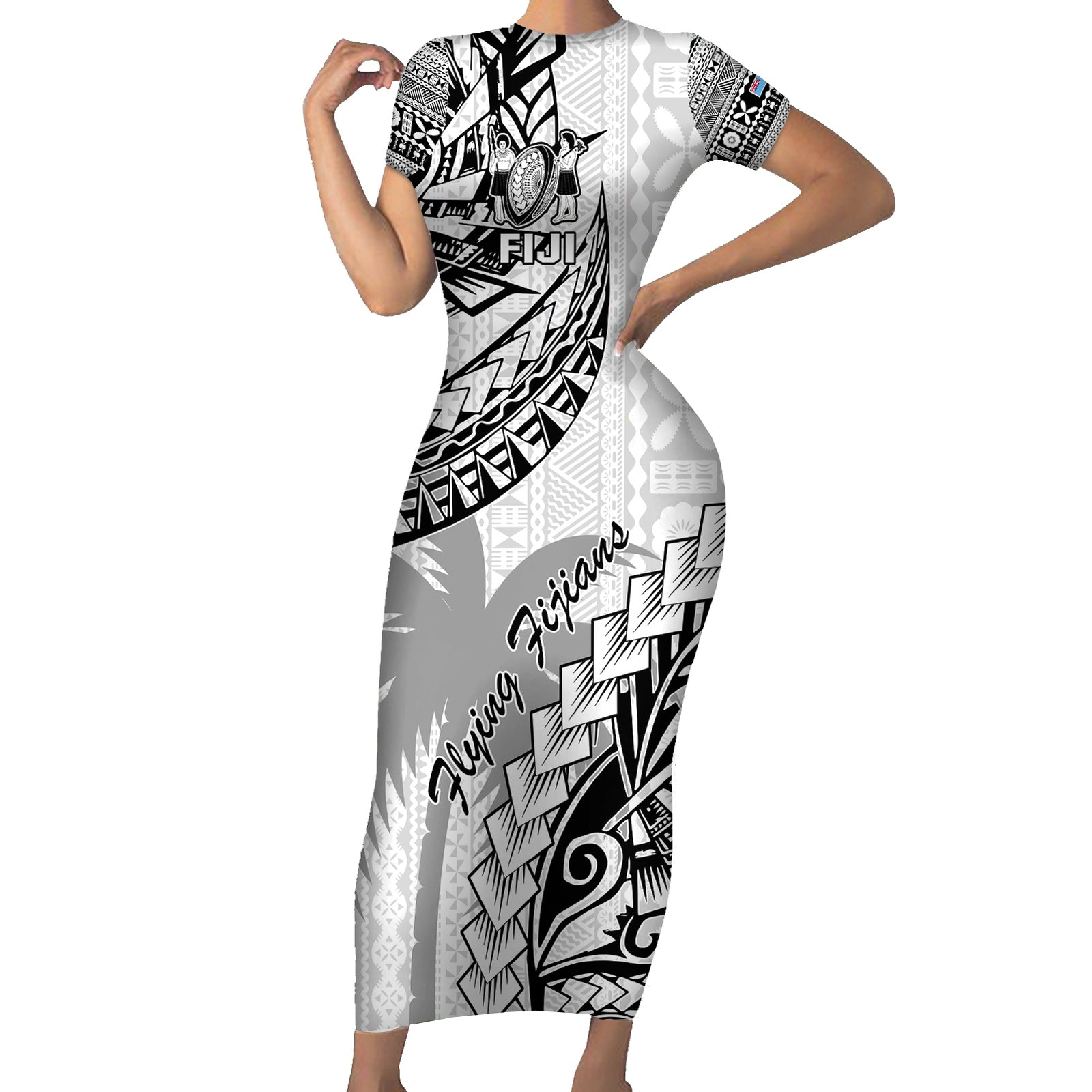 Custom Fiji Rugby Short Sleeve Bodycon Dress Kaiviti Fijian Tribal World Cup White LT9 Long Dress White - Polynesian Pride