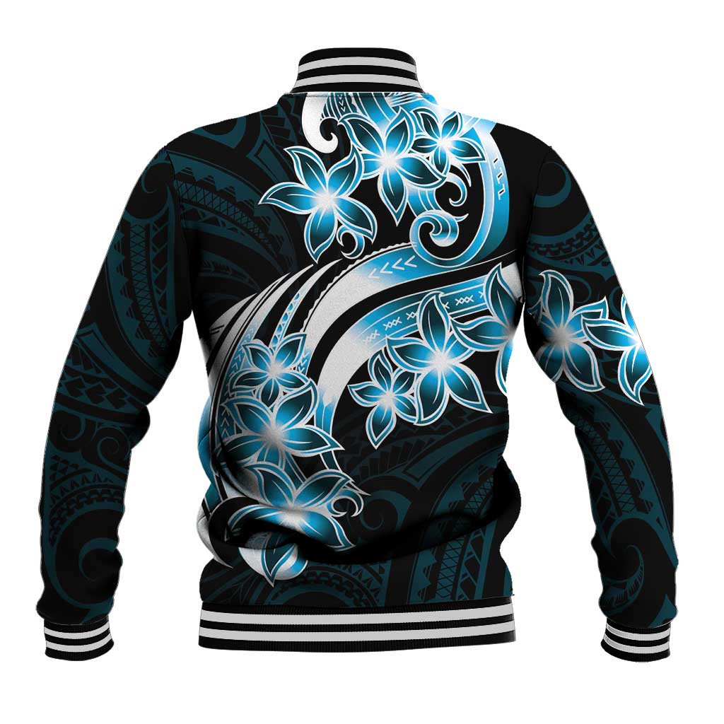 Plumeria Tribal Tattoo Baseball Jacket Blue Polynesian Pattern