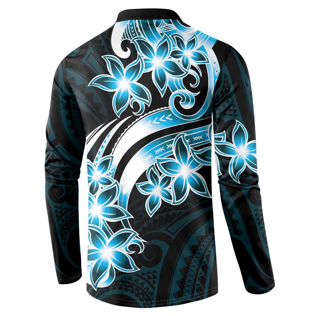 Plumeria Tribal Tattoo Button Sweatshirt Blue Polynesian Pattern