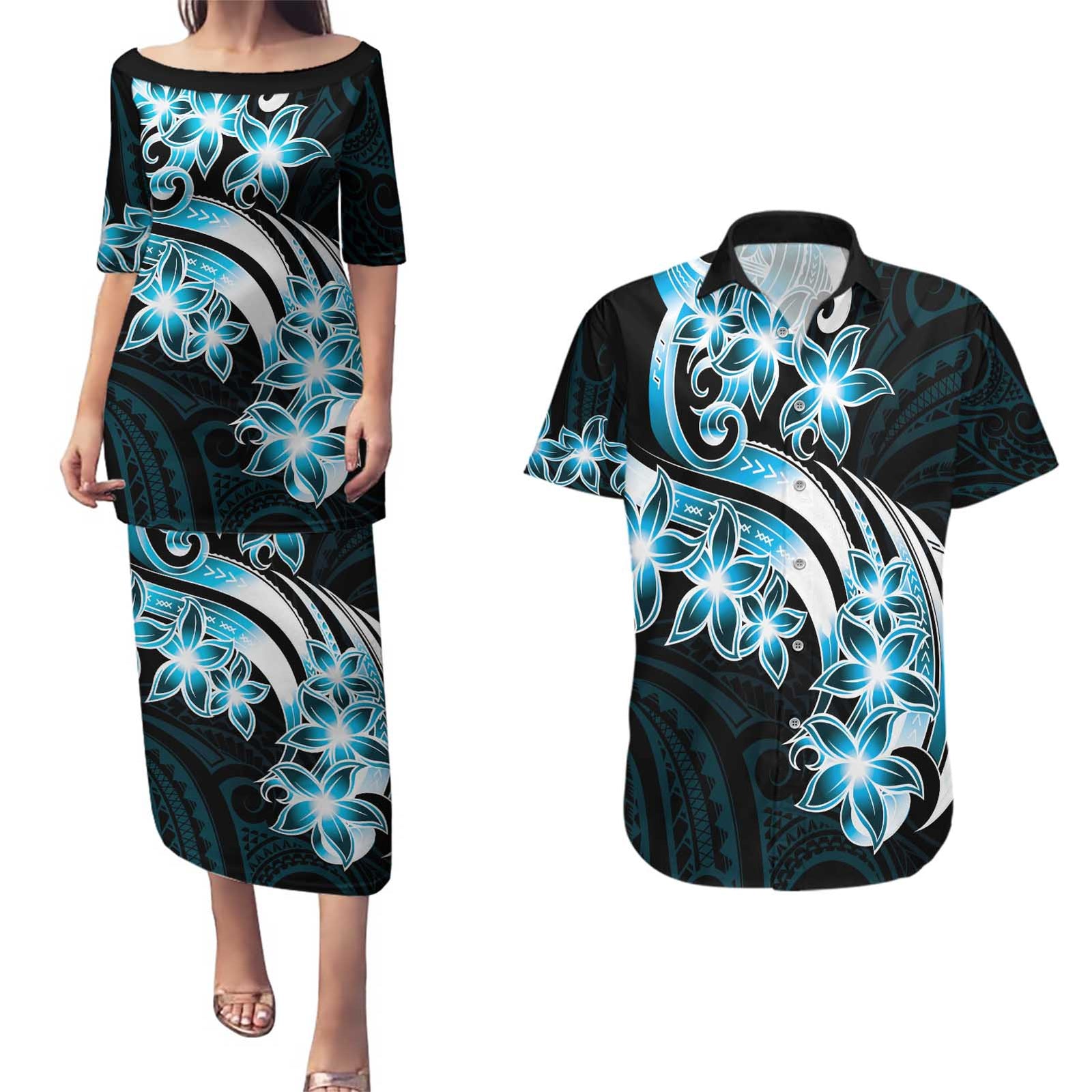 Plumeria Tribal Tattoo Couples Matching Puletasi and Hawaiian Shirt Blue Polynesian Pattern