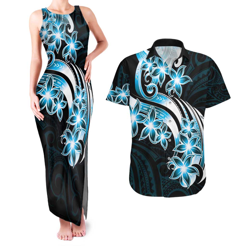 Plumeria Tribal Tattoo Couples Matching Tank Maxi Dress and Hawaiian Shirt Blue Polynesian Pattern