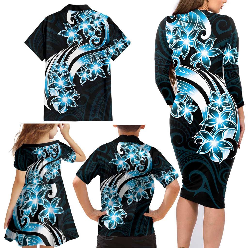 Plumeria Tribal Tattoo Family Matching Long Sleeve Bodycon Dress and Hawaiian Shirt Blue Polynesian Pattern LT9 - Polynesian Pride