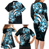 Plumeria Tribal Tattoo Family Matching Long Sleeve Bodycon Dress and Hawaiian Shirt Blue Polynesian Pattern LT9 - Polynesian Pride
