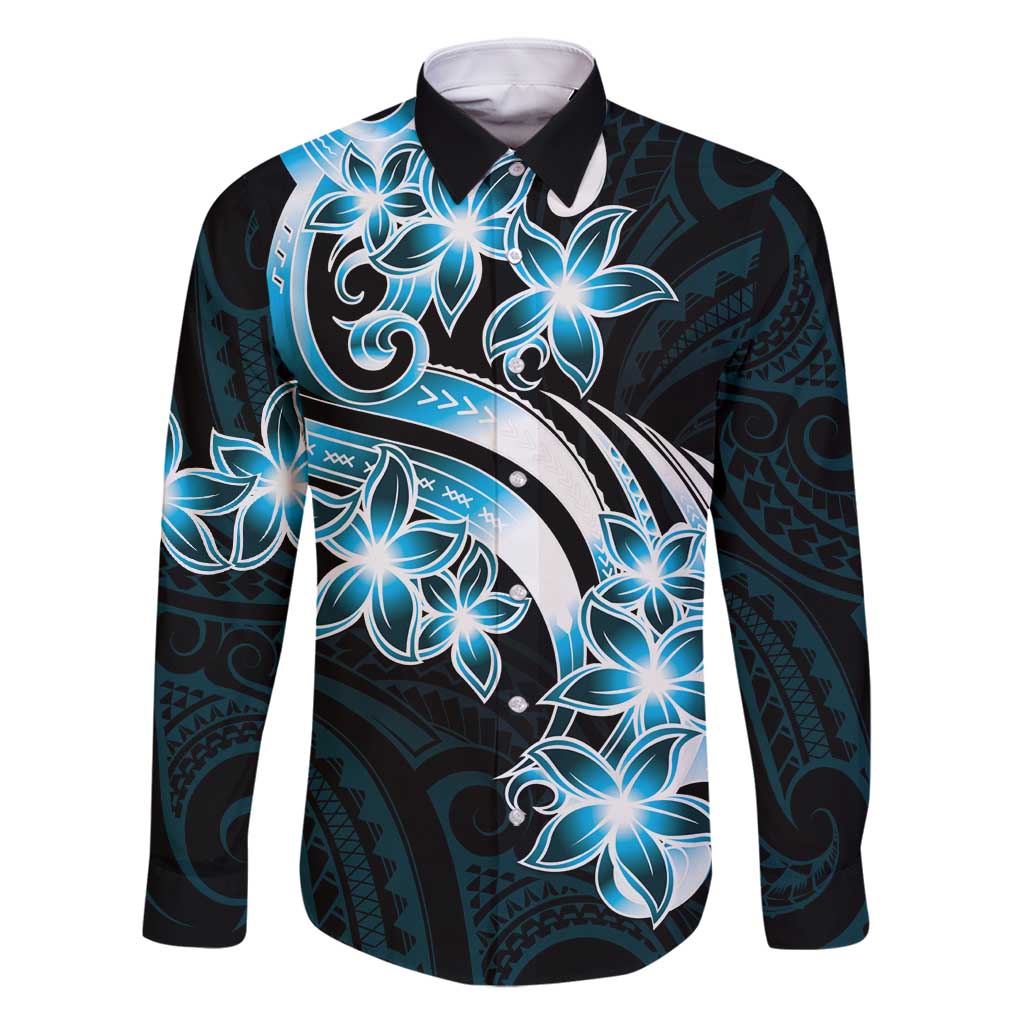 Plumeria Tribal Tattoo Family Matching Long Sleeve Bodycon Dress and Hawaiian Shirt Blue Polynesian Pattern LT9 Dad's Shirt - Long Sleeve Blue - Polynesian Pride