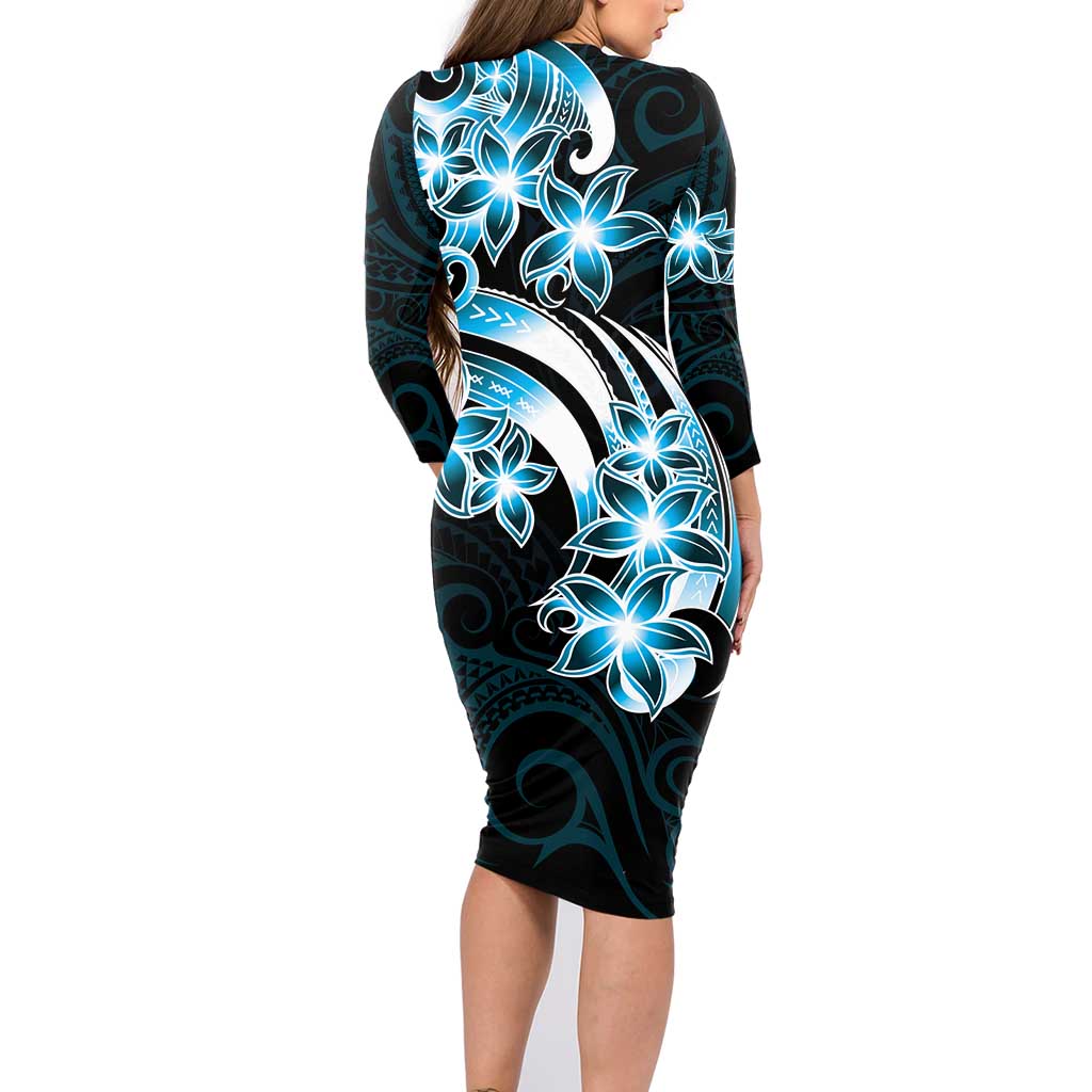 Plumeria Tribal Tattoo Family Matching Long Sleeve Bodycon Dress and Hawaiian Shirt Blue Polynesian Pattern LT9 - Polynesian Pride