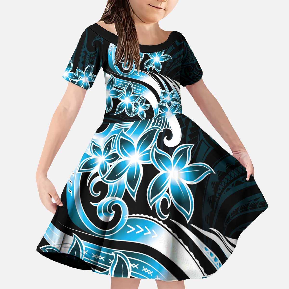 Plumeria Tribal Tattoo Family Matching Off The Shoulder Long Sleeve Dress and Hawaiian Shirt Blue Polynesian Pattern LT9 Daughter's Dress Blue - Polynesian Pride