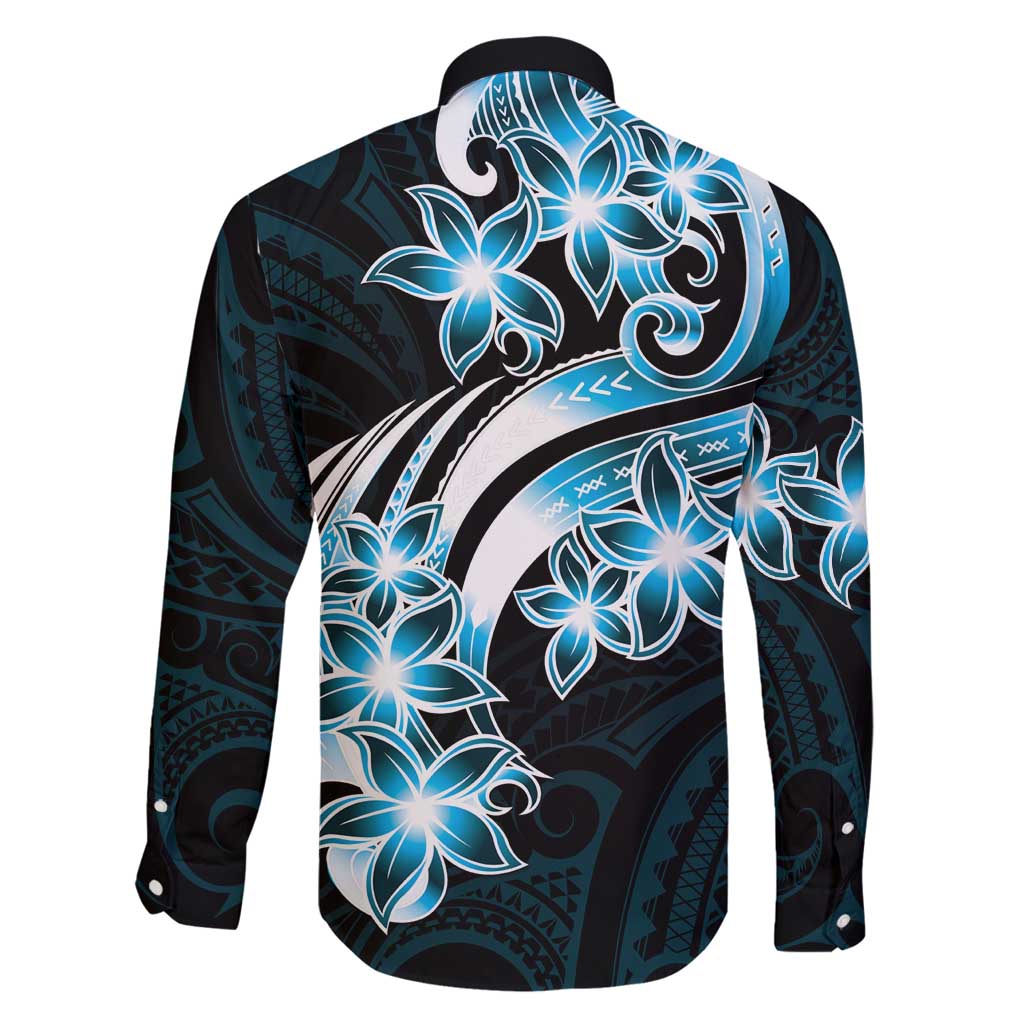 Plumeria Tribal Tattoo Family Matching Off Shoulder Maxi Dress and Hawaiian Shirt Blue Polynesian Pattern