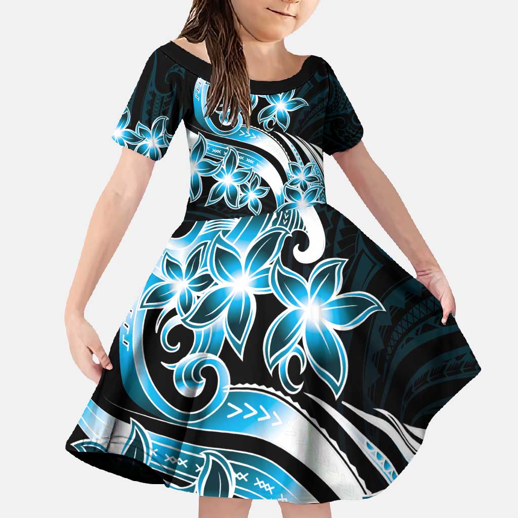 Plumeria Tribal Tattoo Family Matching Short Sleeve Bodycon Dress and Hawaiian Shirt Blue Polynesian Pattern LT9 Daughter's Dress Blue - Polynesian Pride