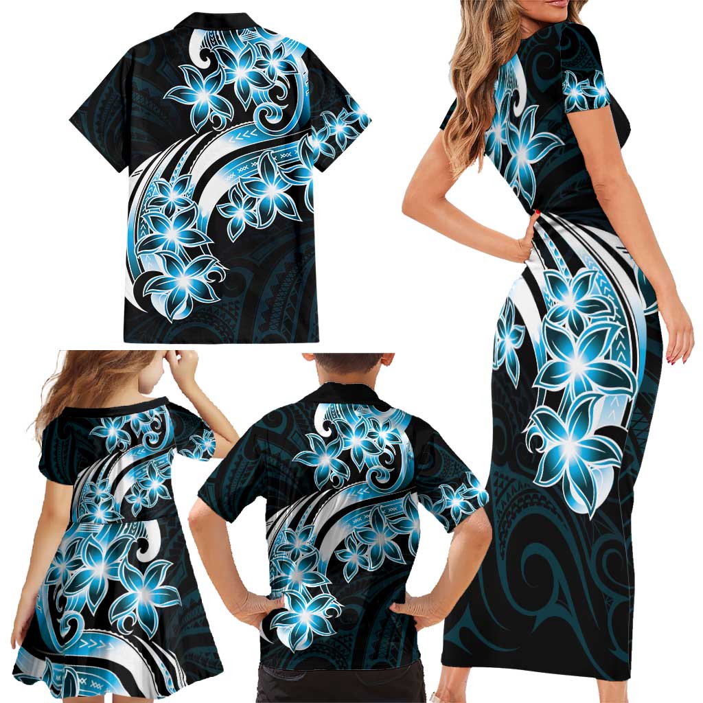 Plumeria Tribal Tattoo Family Matching Short Sleeve Bodycon Dress and Hawaiian Shirt Blue Polynesian Pattern LT9 - Polynesian Pride