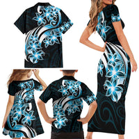 Plumeria Tribal Tattoo Family Matching Short Sleeve Bodycon Dress and Hawaiian Shirt Blue Polynesian Pattern LT9 - Polynesian Pride