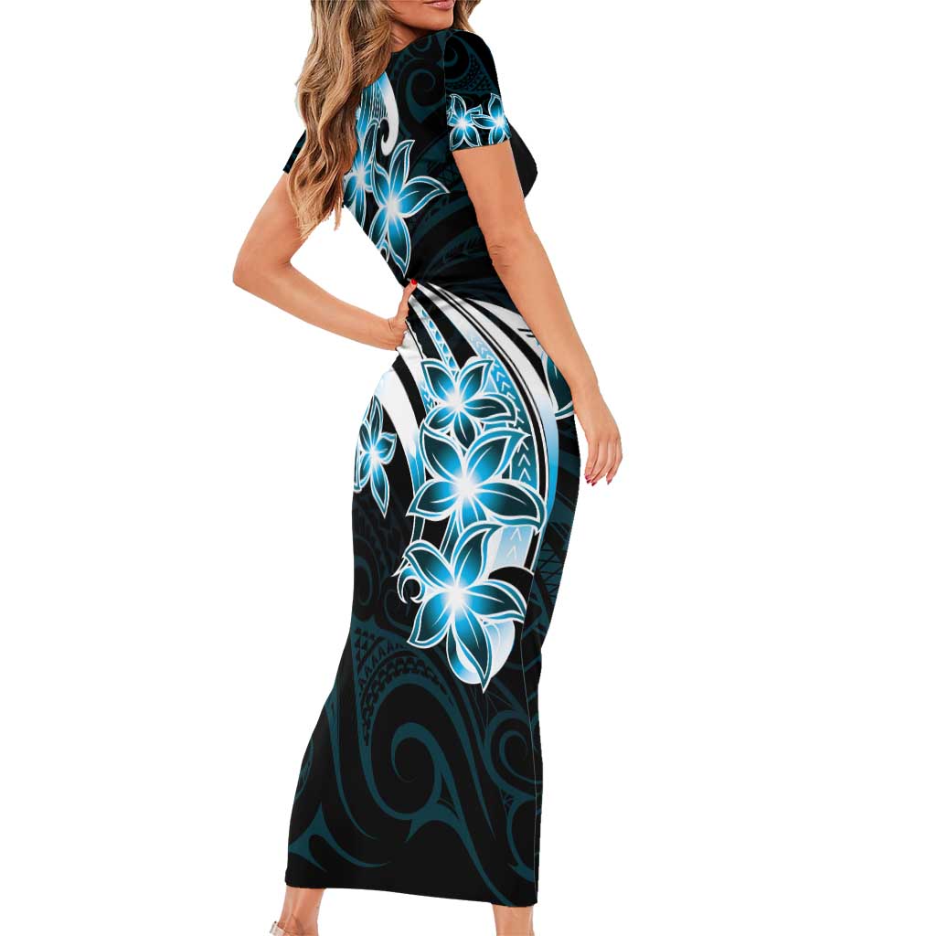 Plumeria Tribal Tattoo Family Matching Short Sleeve Bodycon Dress and Hawaiian Shirt Blue Polynesian Pattern LT9 - Polynesian Pride