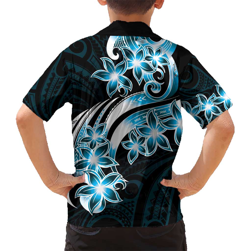 Plumeria Tribal Tattoo Kid Hawaiian Shirt Blue Polynesian Pattern