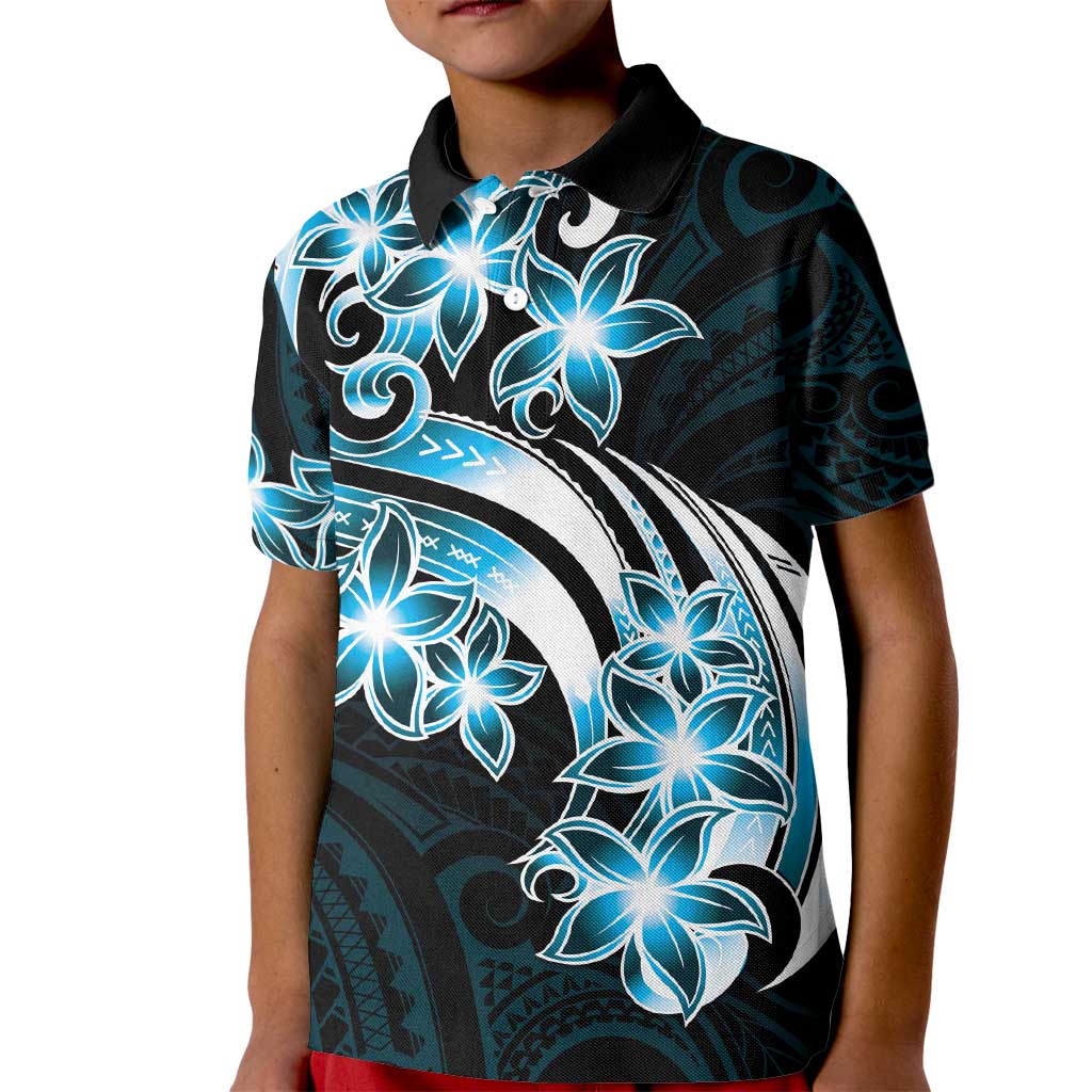 Plumeria Tribal Tattoo Kid Polo Shirt Blue Polynesian Pattern