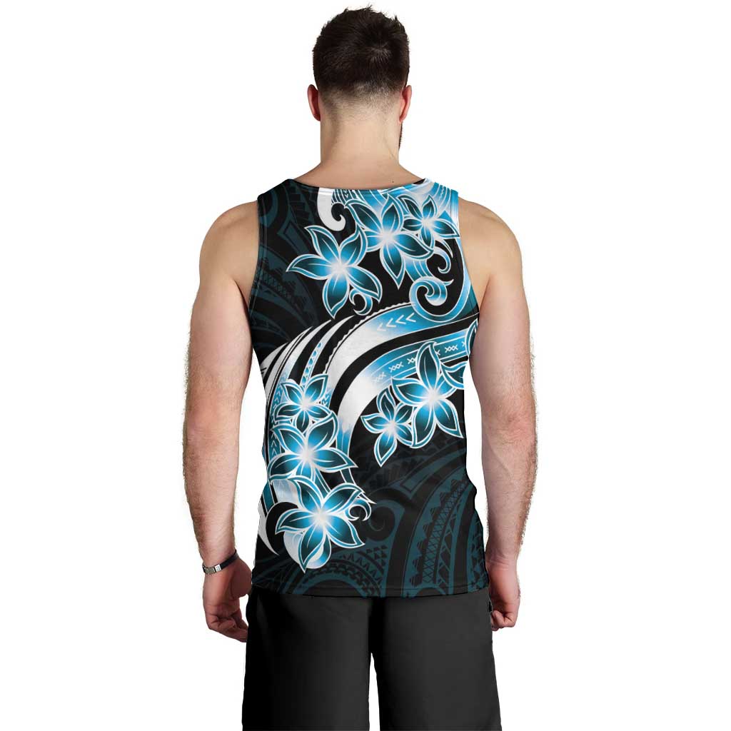Plumeria Tribal Tattoo Men Tank Top Blue Polynesian Pattern