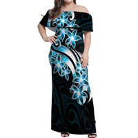 Plumeria Tribal Tattoo Off Shoulder Maxi Dress Blue Polynesian Pattern