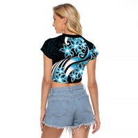 Plumeria Tribal Tattoo Raglan Cropped T Shirt Blue Polynesian Pattern