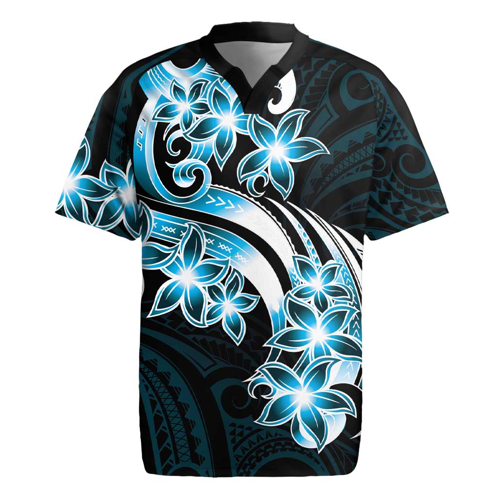 Plumeria Tribal Tattoo Rugby Jersey Blue Polynesian Pattern LT9 Blue - Polynesian Pride