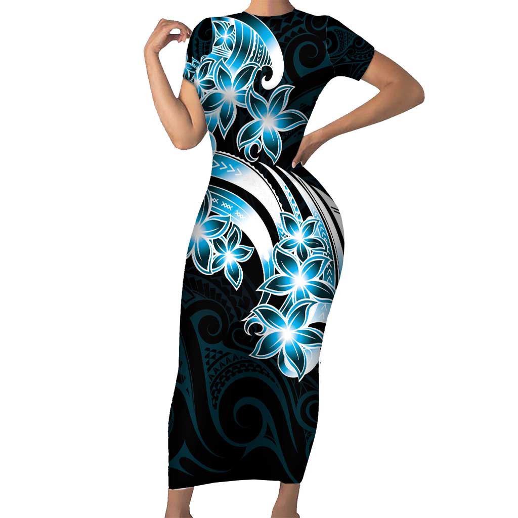 Plumeria Tribal Tattoo Short Sleeve Bodycon Dress Blue Polynesian Pattern LT9 Long Dress Blue - Polynesian Pride