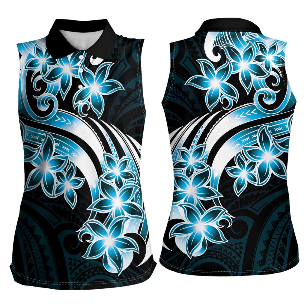 Plumeria Tribal Tattoo Women Sleeveless Polo Shirt Blue Polynesian Pattern