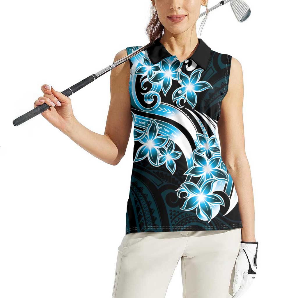 Plumeria Tribal Tattoo Women Sleeveless Polo Shirt Blue Polynesian Pattern