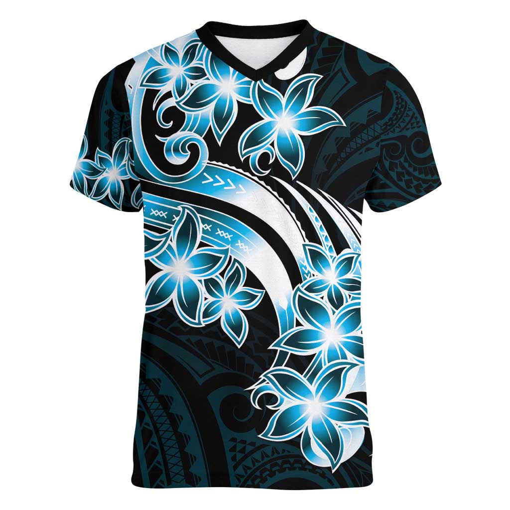 Plumeria Tribal Tattoo Women V-Neck T-Shirt Blue Polynesian Pattern