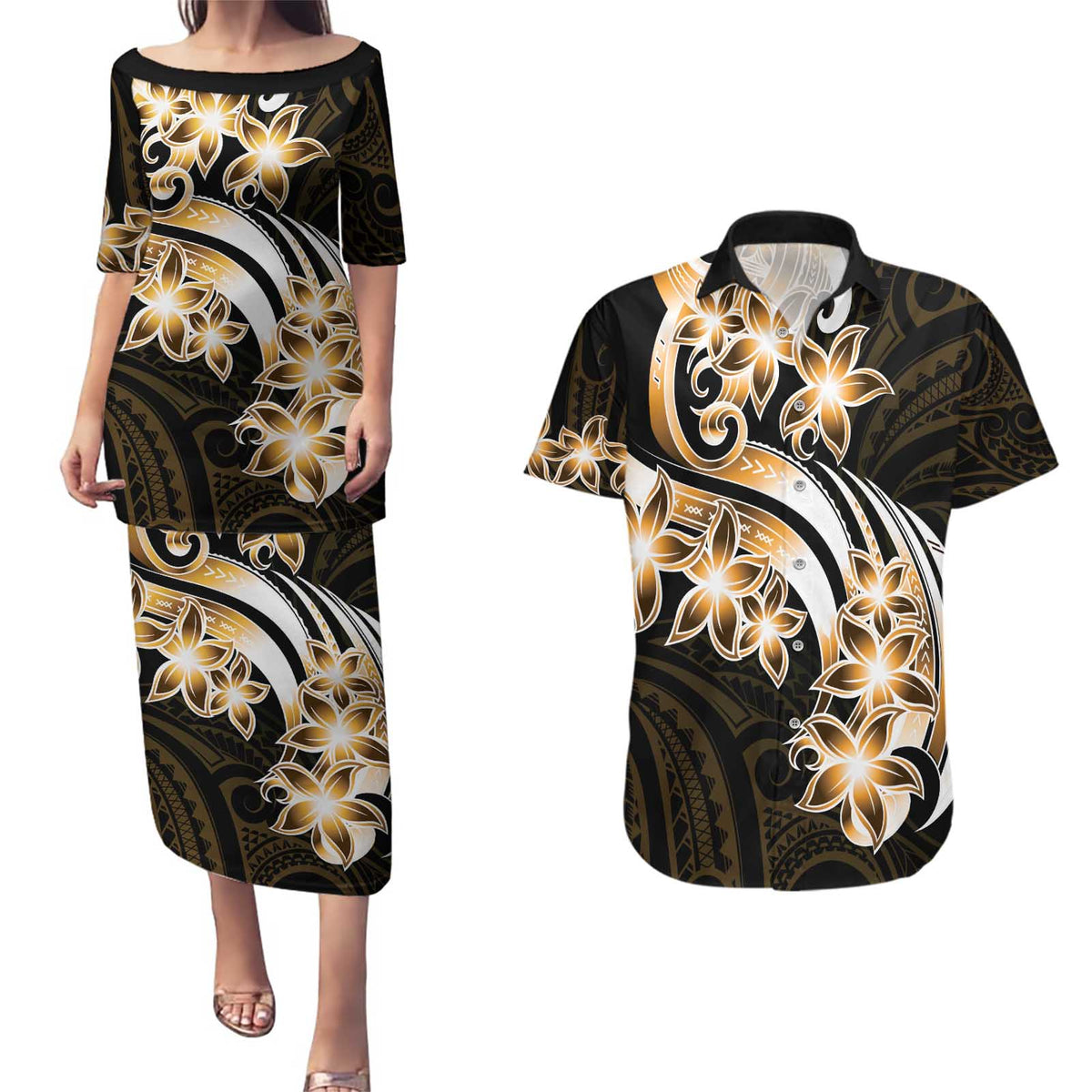 Plumeria Tribal Tattoo Couples Matching Puletasi and Hawaiian Shirt Gold Polynesian Pattern