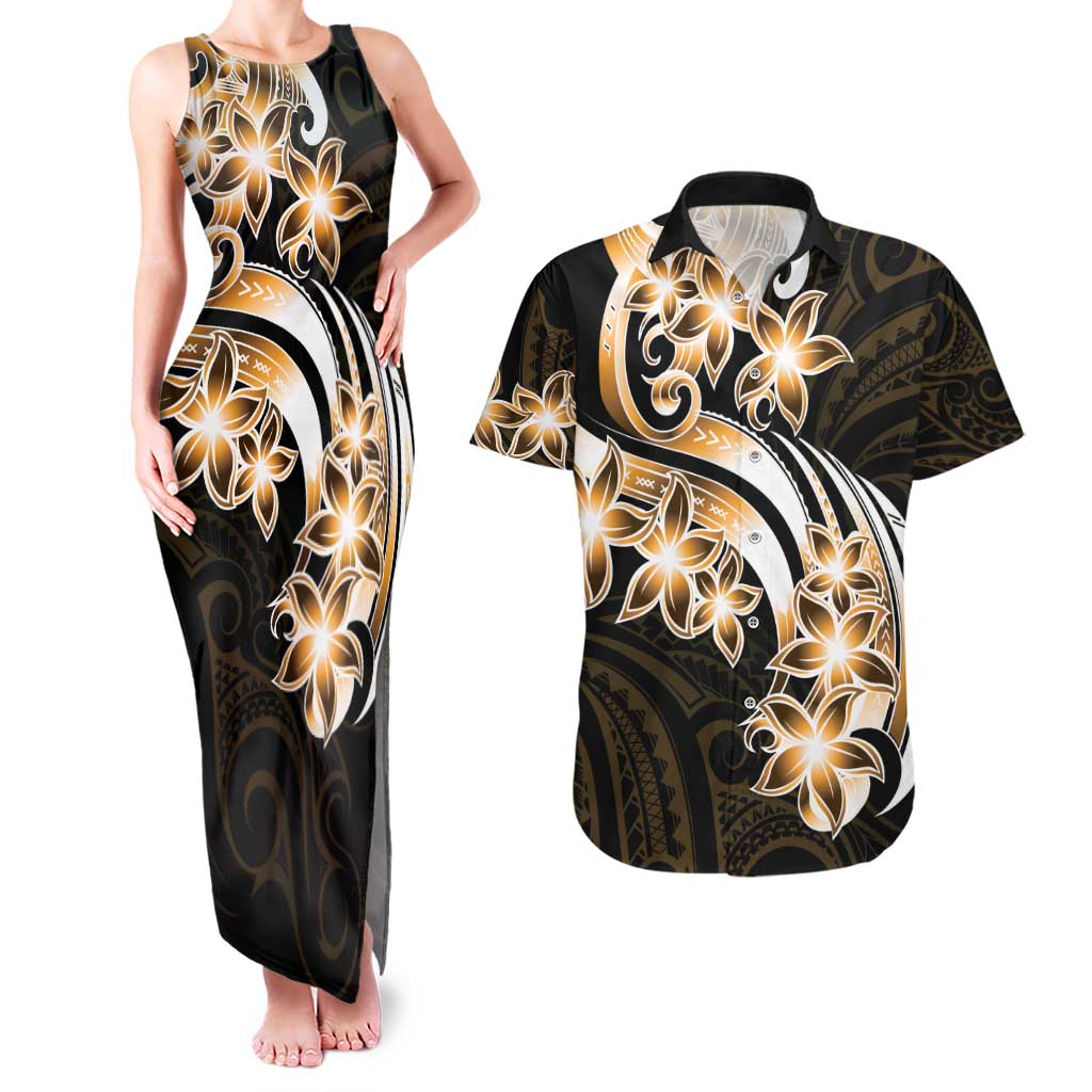 Plumeria Tribal Tattoo Couples Matching Tank Maxi Dress and Hawaiian Shirt Gold Polynesian Pattern