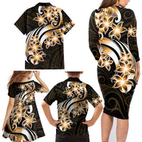 Plumeria Tribal Tattoo Family Matching Long Sleeve Bodycon Dress and Hawaiian Shirt Gold Polynesian Pattern LT9 - Polynesian Pride