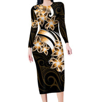 Plumeria Tribal Tattoo Family Matching Long Sleeve Bodycon Dress and Hawaiian Shirt Gold Polynesian Pattern LT9 Mom's Dress Gold - Polynesian Pride