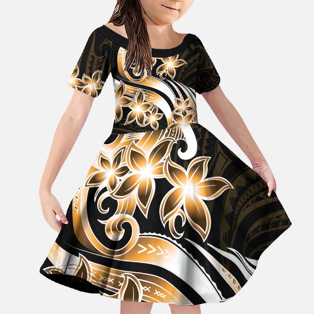 Plumeria Tribal Tattoo Family Matching Mermaid Dress and Hawaiian Shirt Gold Polynesian Pattern LT9 Daughter's Dress Gold - Polynesian Pride