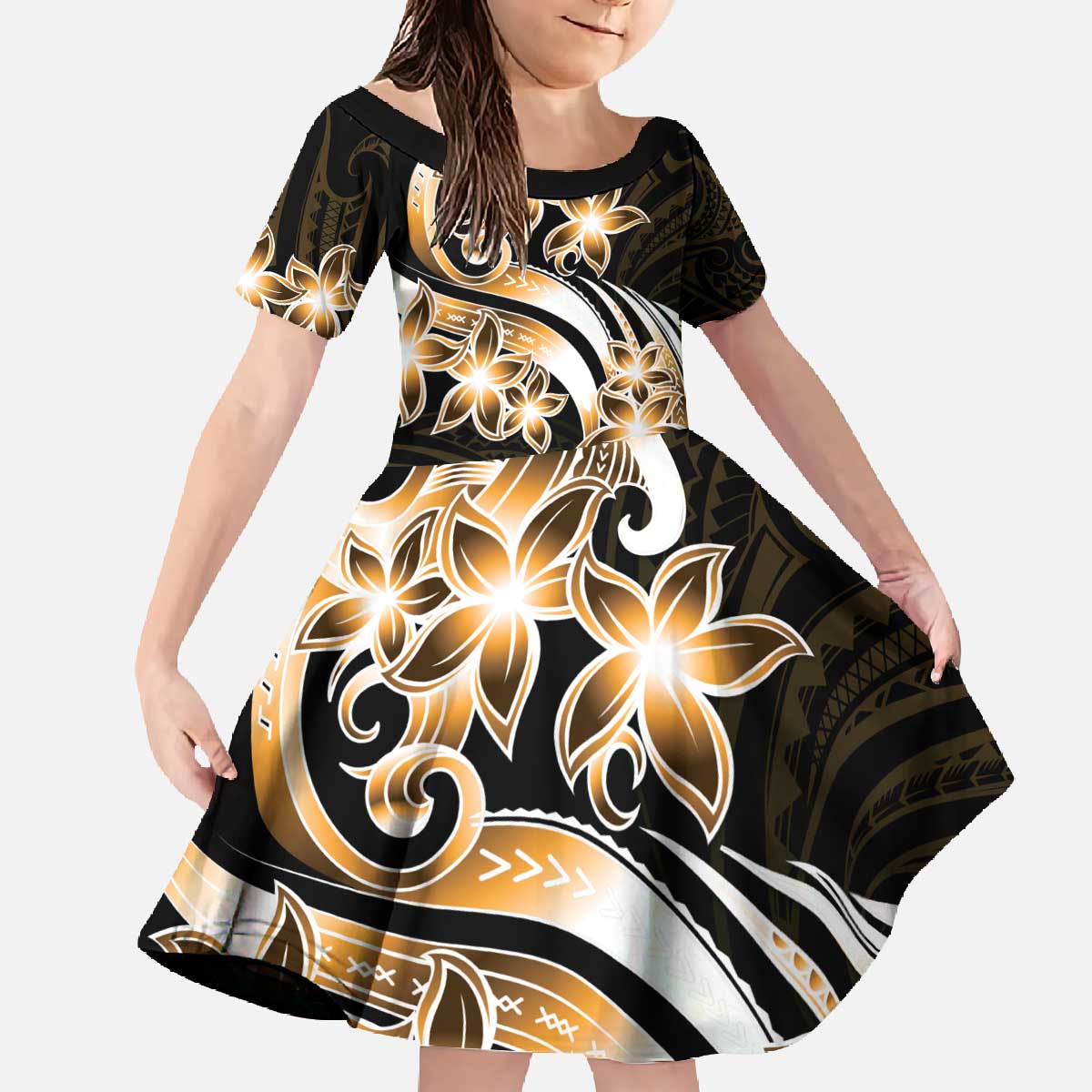 Plumeria Tribal Tattoo Family Matching Off The Shoulder Long Sleeve Dress and Hawaiian Shirt Gold Polynesian Pattern LT9 Daughter's Dress Gold - Polynesian Pride