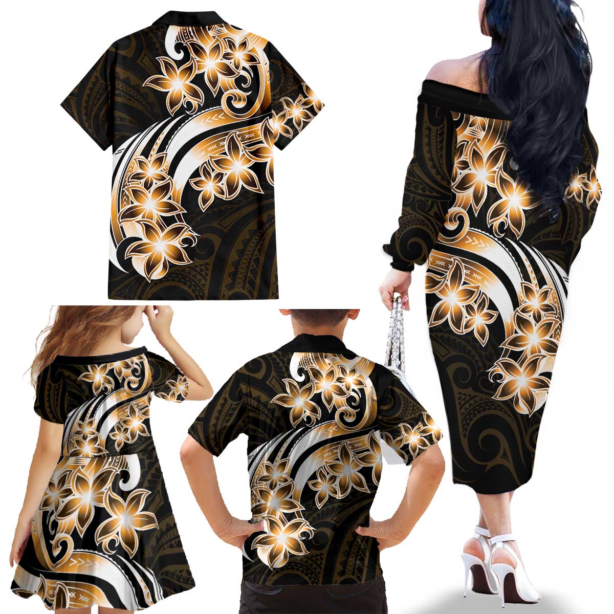 Plumeria Tribal Tattoo Family Matching Off The Shoulder Long Sleeve Dress and Hawaiian Shirt Gold Polynesian Pattern LT9 - Polynesian Pride