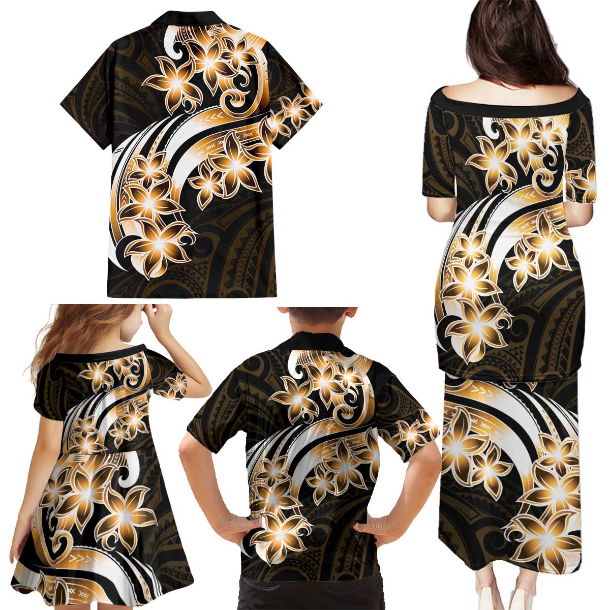 Plumeria Tribal Tattoo Family Matching Puletasi and Hawaiian Shirt Gold Polynesian Pattern