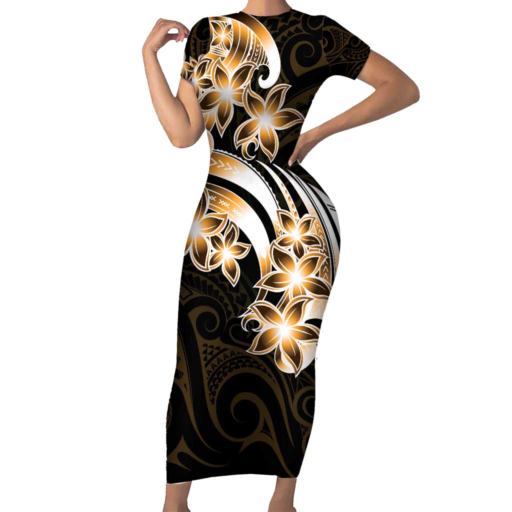 Plumeria Tribal Tattoo Family Matching Short Sleeve Bodycon Dress and Hawaiian Shirt Gold Polynesian Pattern LT9 Mom's Dress Gold - Polynesian Pride