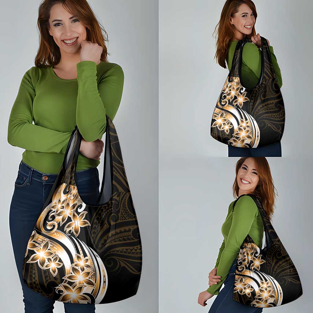 Plumeria Tribal Tattoo Grocery Bag Gold Polynesian Pattern