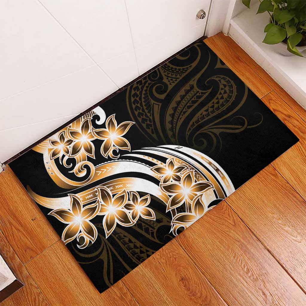 Plumeria Tribal Tattoo Rubber Doormat Gold Polynesian Pattern