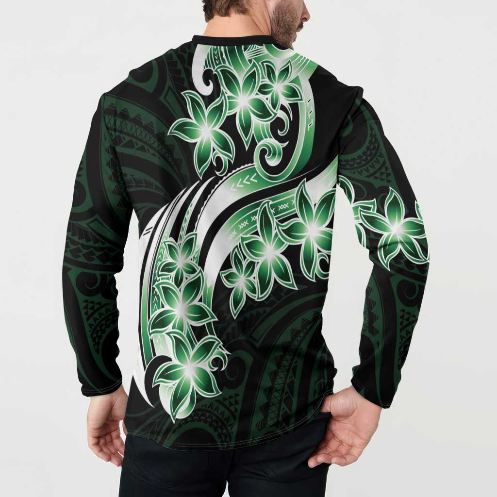 Plumeria Tribal Tattoo Button Sweatshirt Green Polynesian Pattern