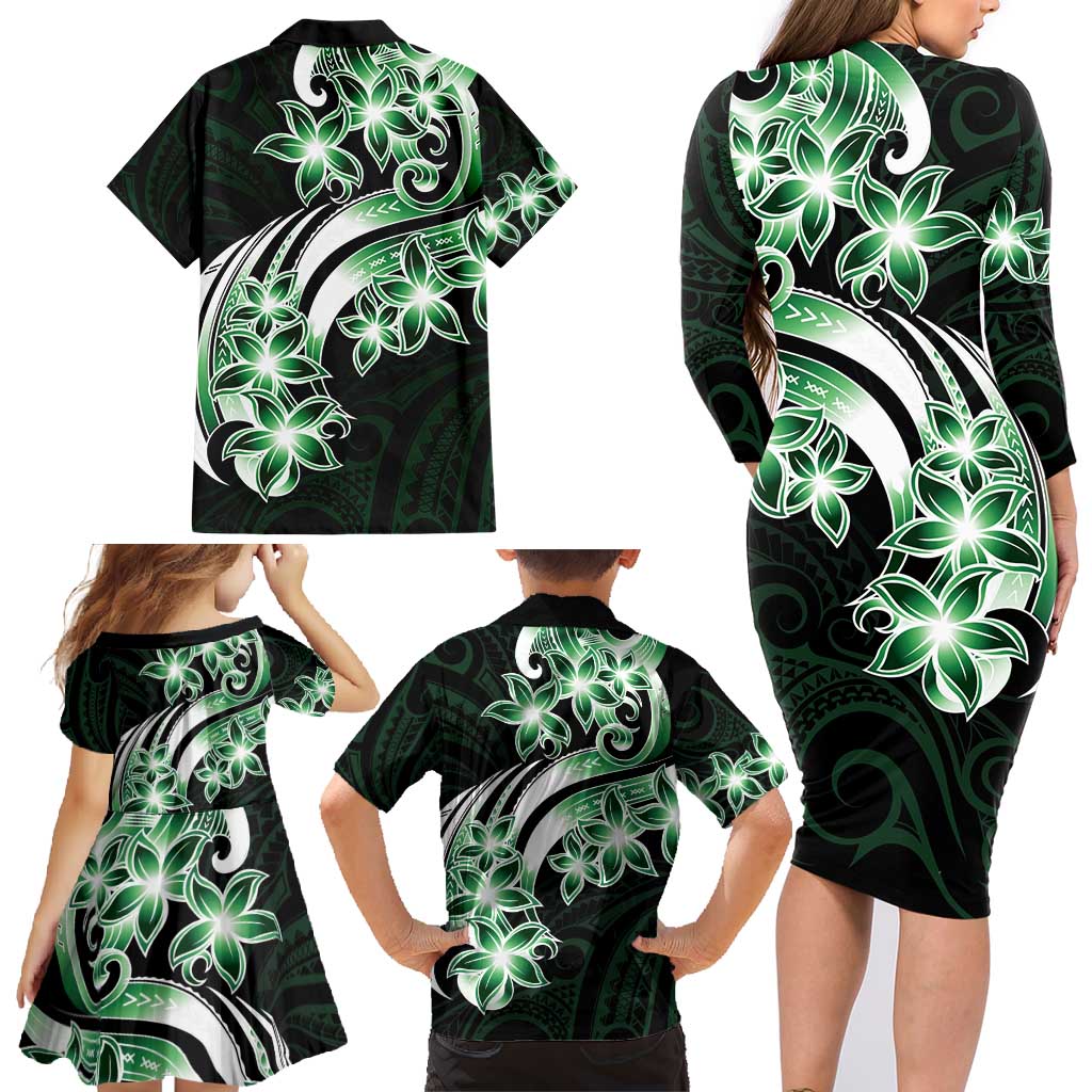 Plumeria Tribal Tattoo Family Matching Long Sleeve Bodycon Dress and Hawaiian Shirt Green Polynesian Pattern LT9 - Polynesian Pride